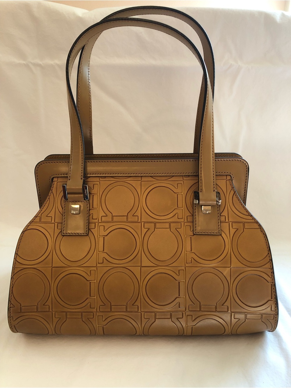Authentic Salvatore Ferragamo Dark Yellow/Tan Gancini Monogram Frame Handbag